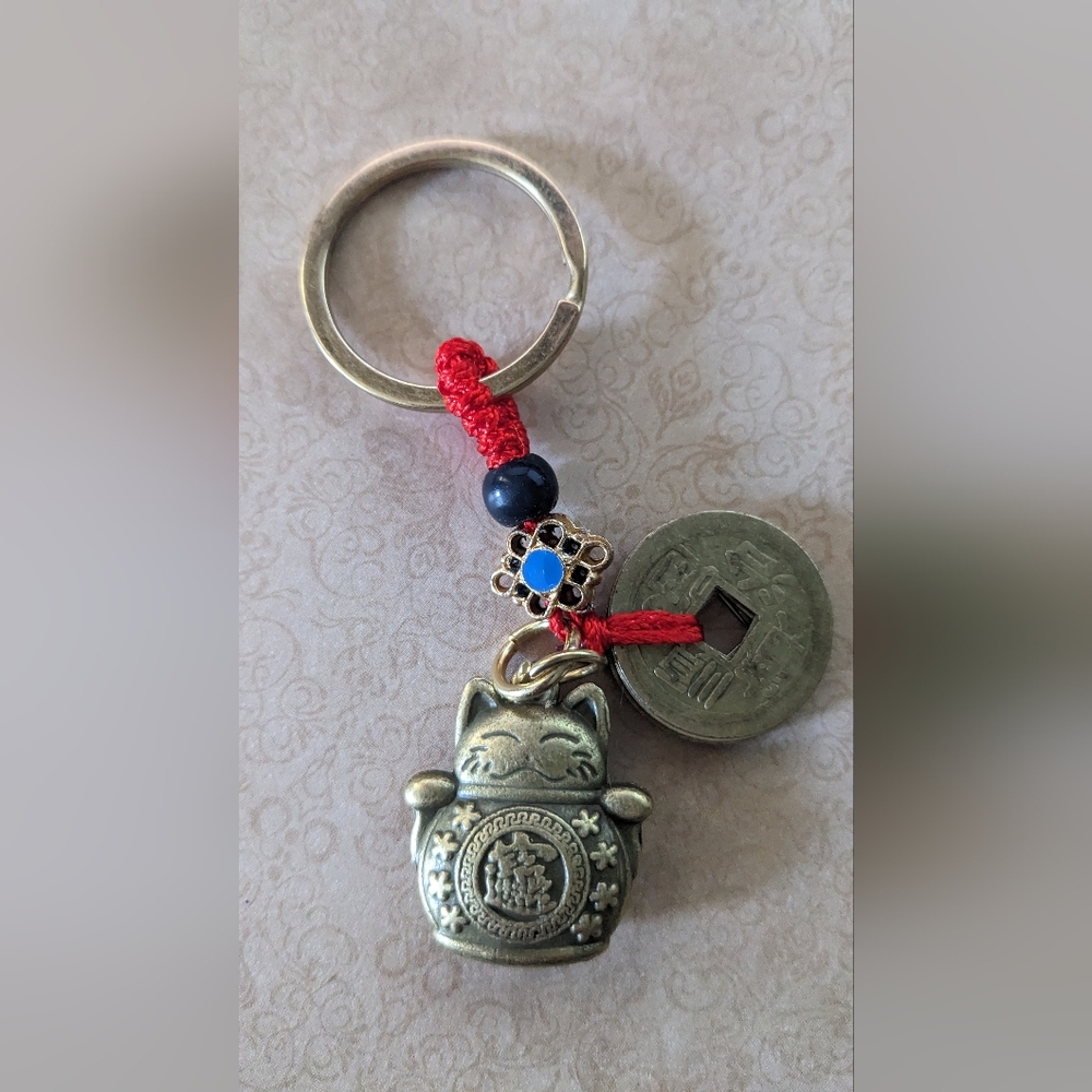 NEW Brass Lucky Cat Keychain Charm